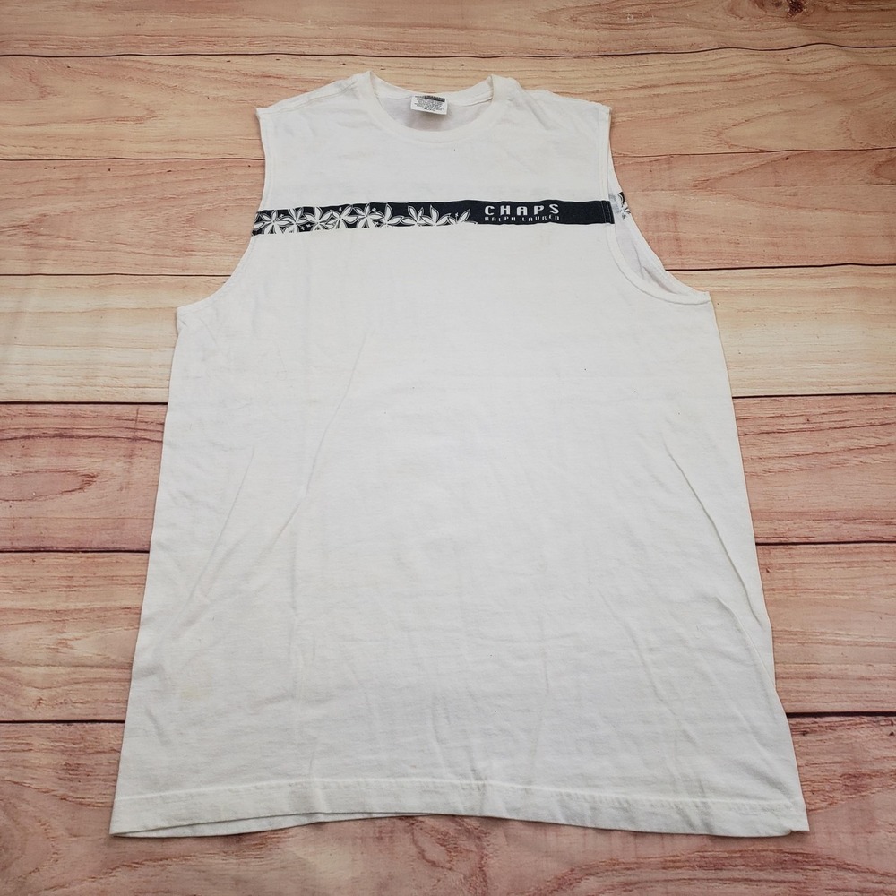 VINTAGE Chapsโ Ralph Lauren Shirt Mens XL White Sleeveless Muscle Tank Hawaiian